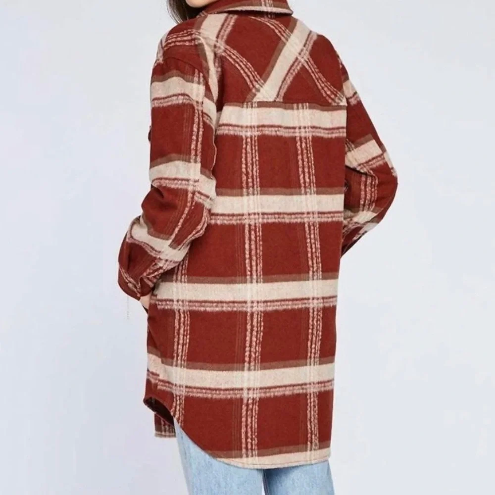 Gentle Fawn Leighton Jacket Red and Cream Plaid Flannel Button Up Long Shacket - Picture 3 of 9